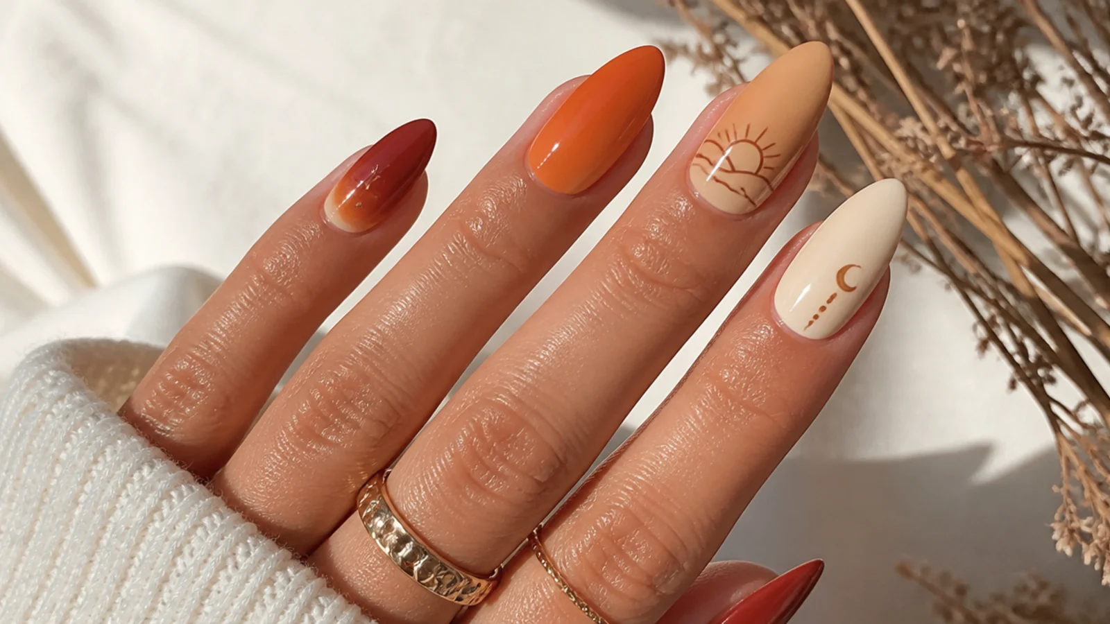 Boho desert sunset ombre nails fading from rust to tan to cream
