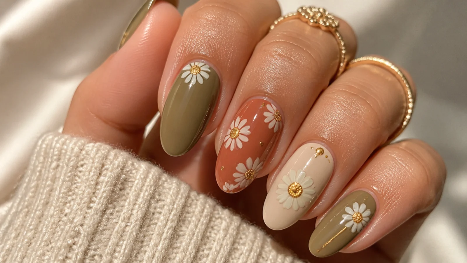Boho nails with small cream and gold daisies on olive and terracotta bases