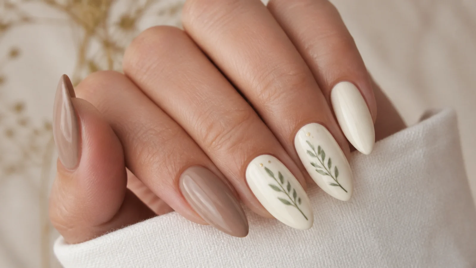 Neutral boho wedding nails in cream and nude with tiny sage sprigs on almond shape
