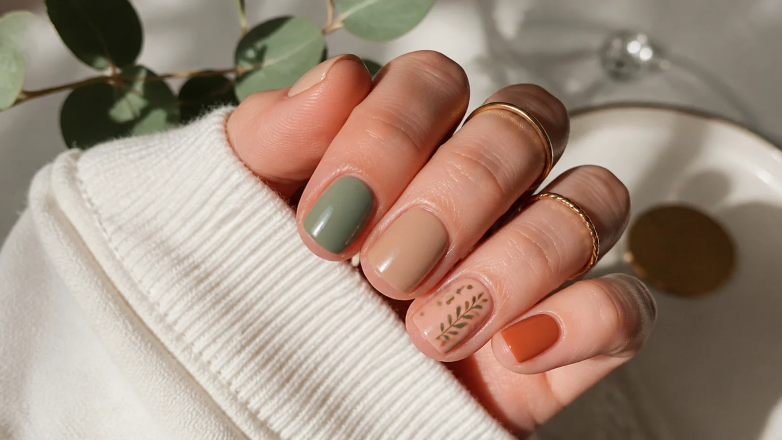 Short boho nails in solid sage, tan and terracotta across different fingers