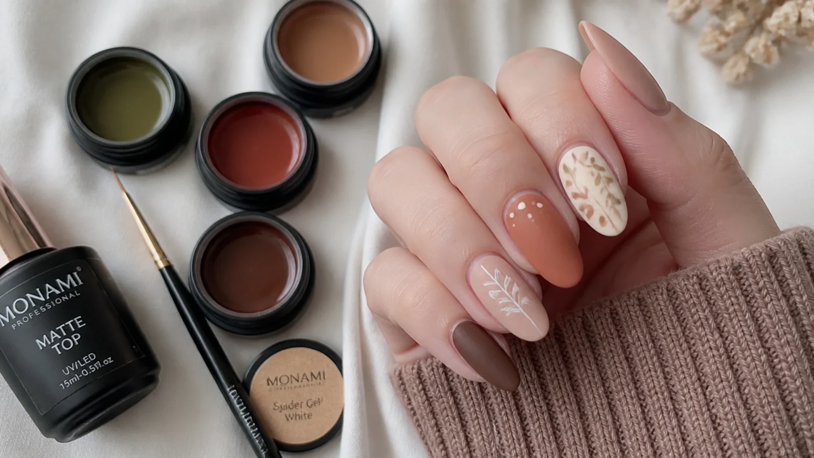 Boho nail supplies with earth-tone gels, a liner brush and a matte top coat