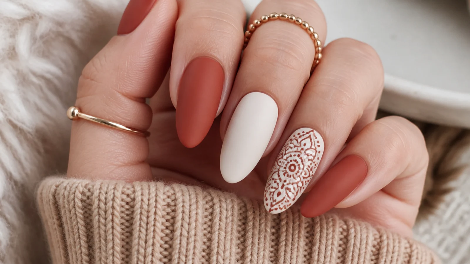 Trendy boho nails in matte terracotta and cream with a small mandala accent on almond shape