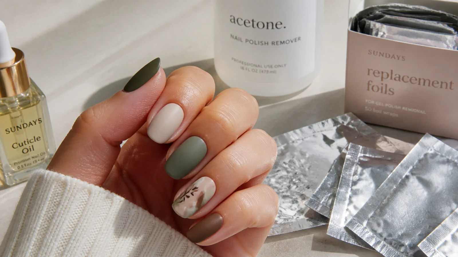 A sealed matte boho manicure with cuticle oil beside acetone and foils for removal