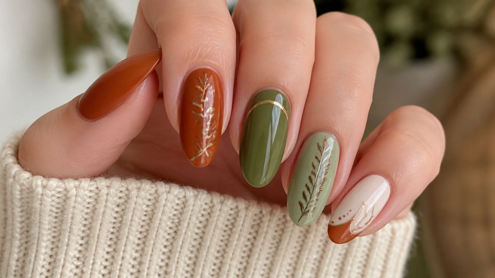 Swatches of terracotta, rust, olive, sage, cream and muted gold boho nail colors