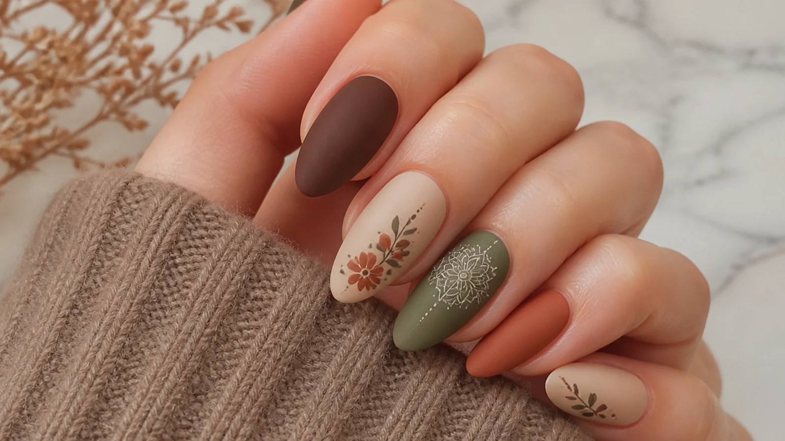 Matte earth-tone boho nails with a small mandala and loose florals
