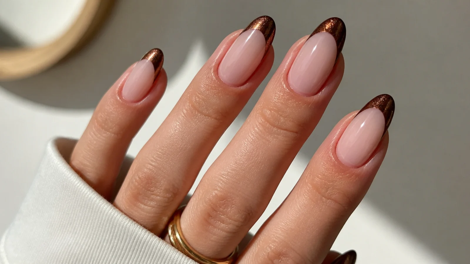 Almond nails with a warm brown magnetic cat eye french tip