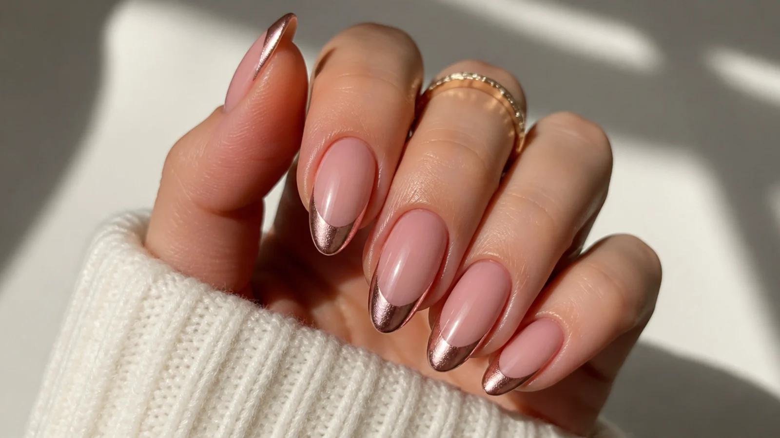 Almond nails with a rose gold chrome magnetic cat eye french tip