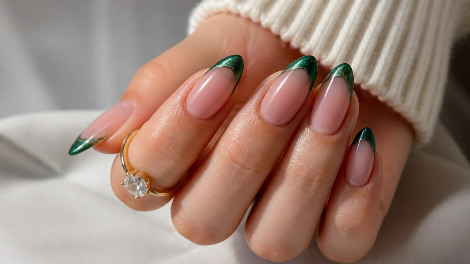 Almond nails with an emerald green magnetic cat eye french tip