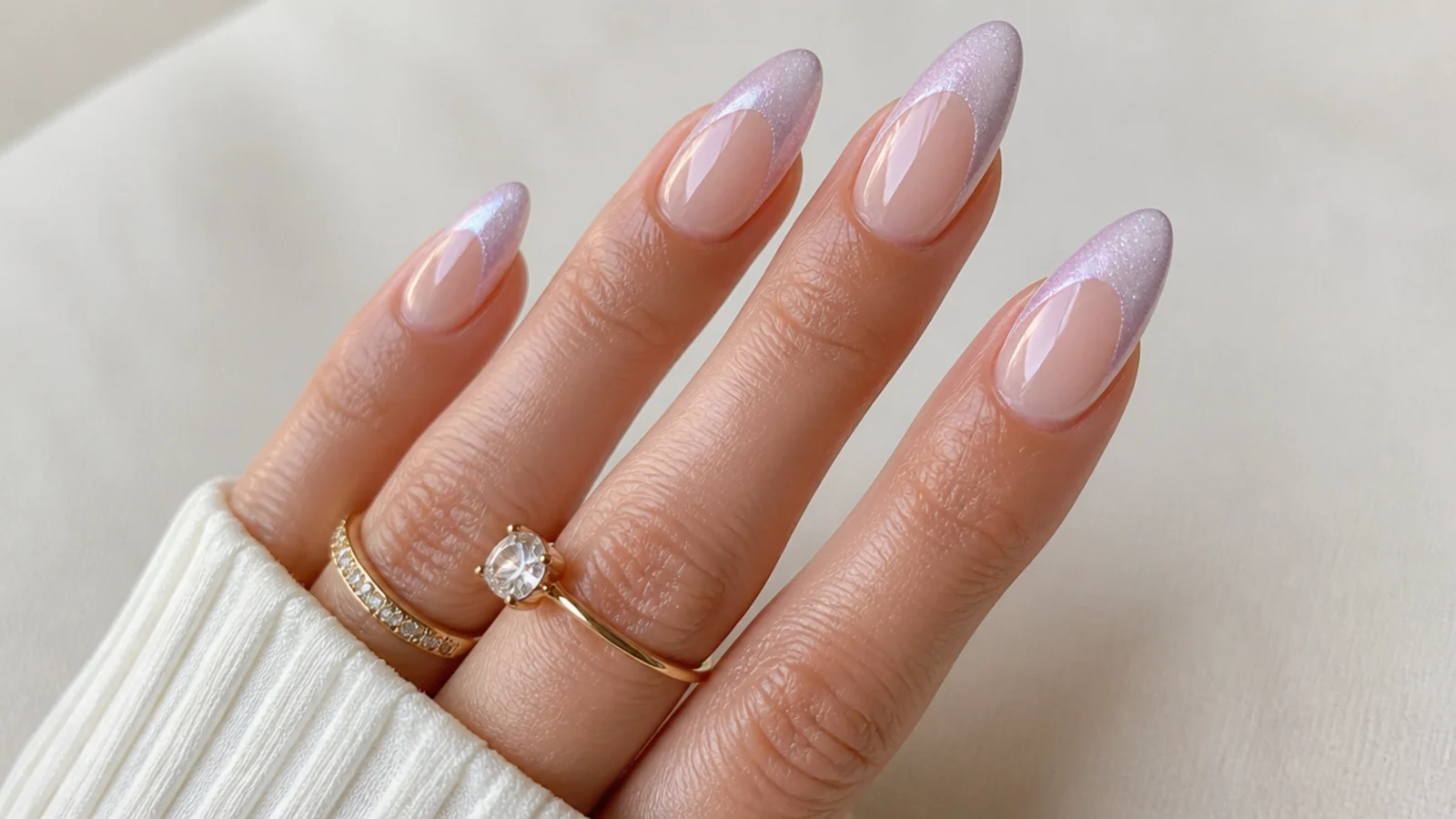 Almond nails with a soft lavender magnetic cat eye french tip