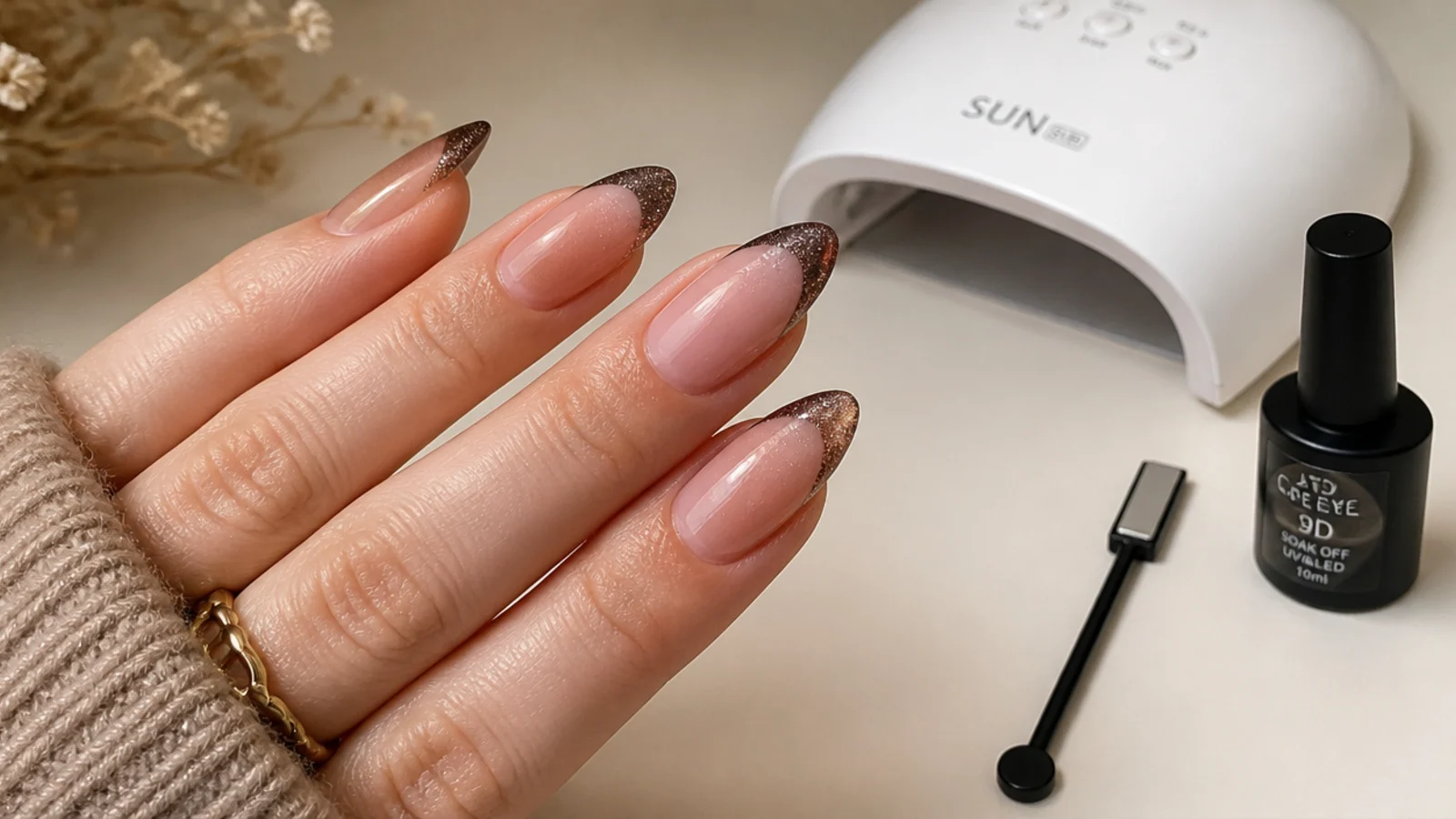 Magnetic gel, a magnet and lamp laid out for a DIY cat eye french tip