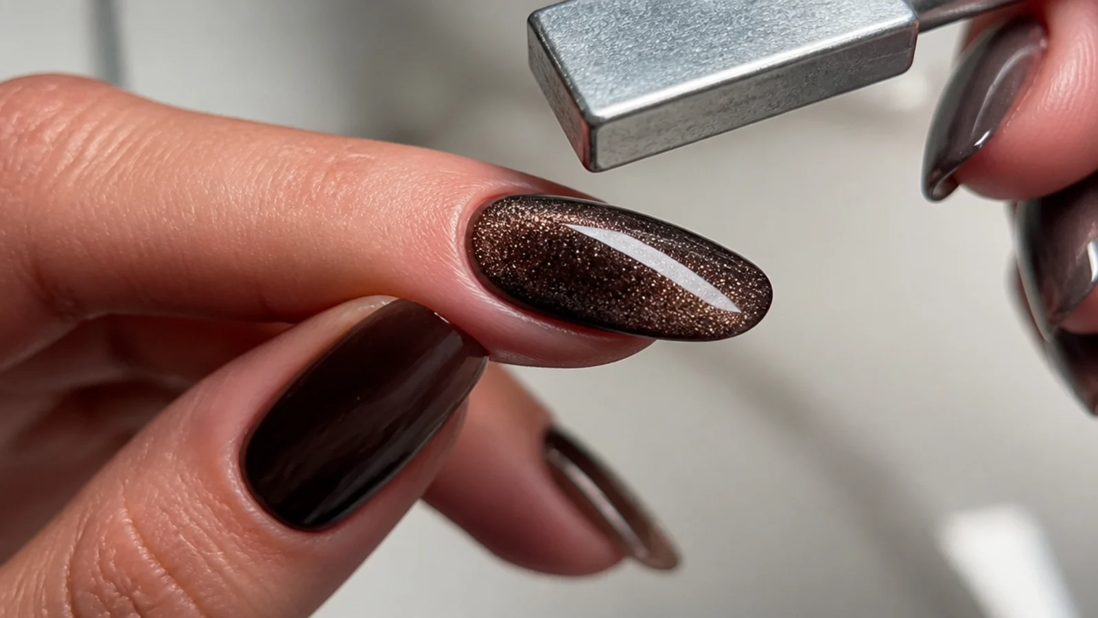 A magnet hovering above a wet magnetic gel tip pulling a stripe of light
