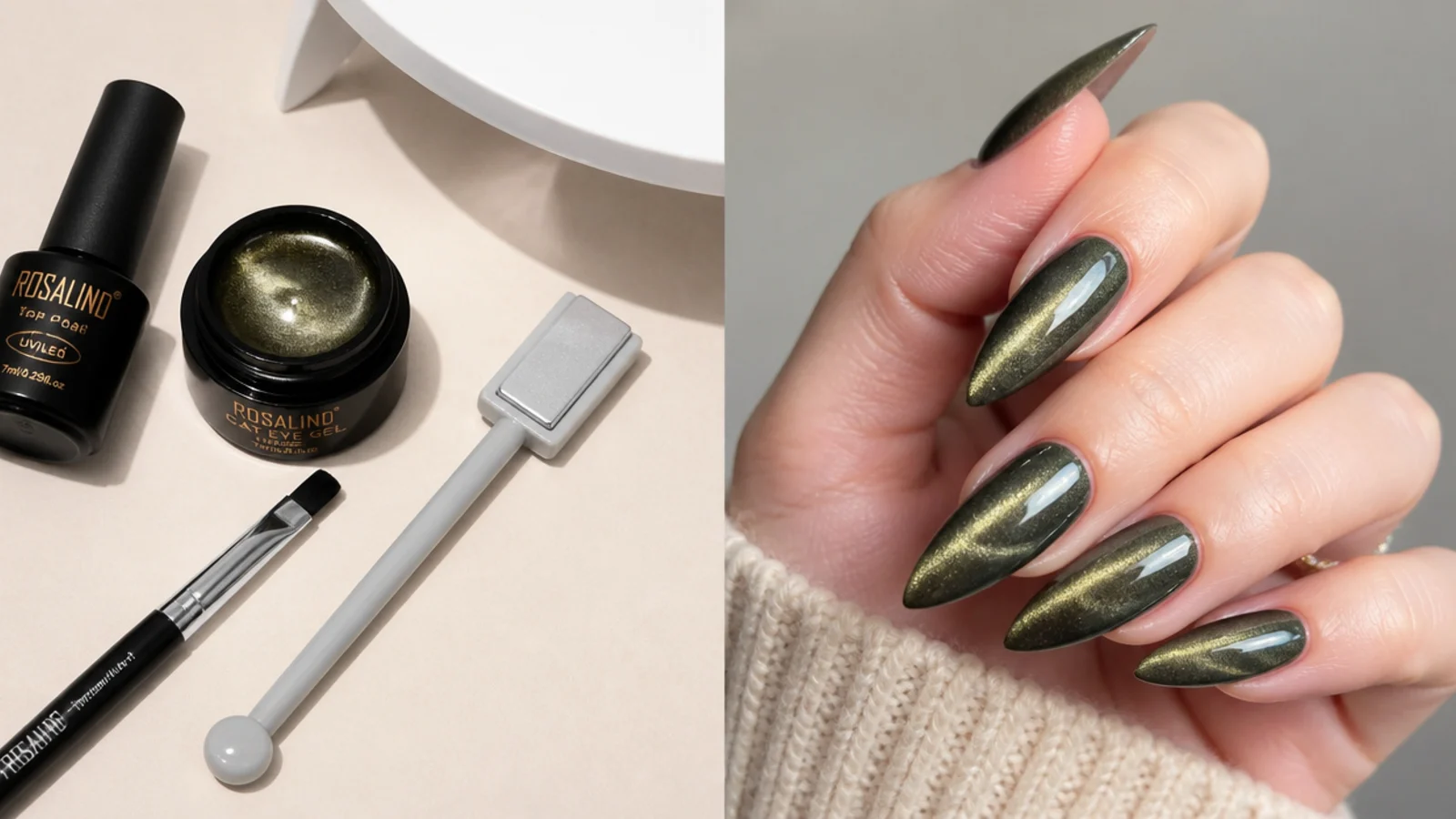 Flat lay of magnetic cat eye gel, a magnet, lamp, brush and top coat