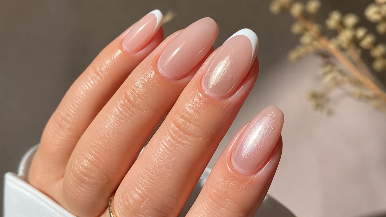 A shimmering cat eye tip beside a flat white classic french tip