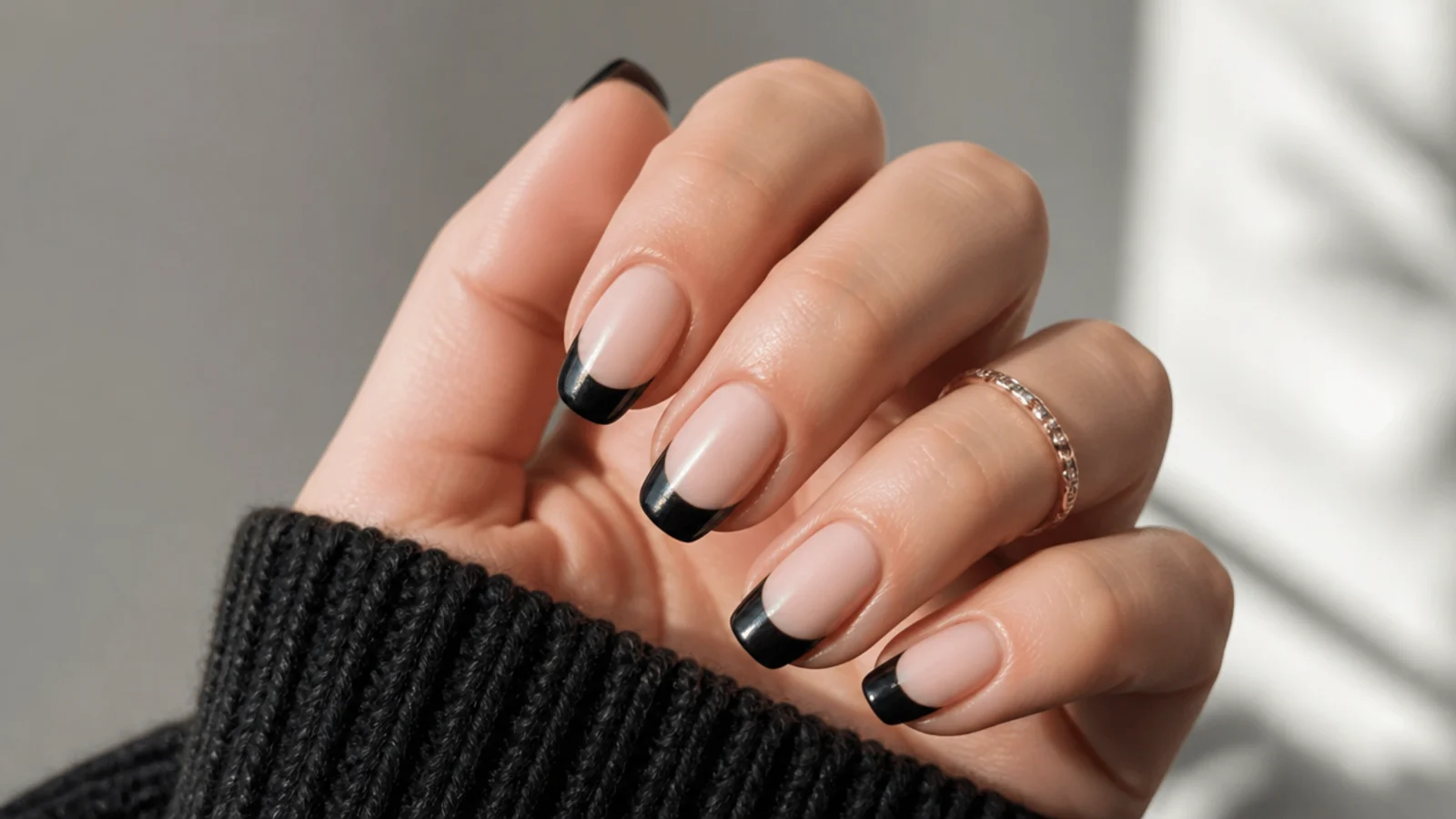 Matte black french tip nails with a single glossy cat eye light stripe