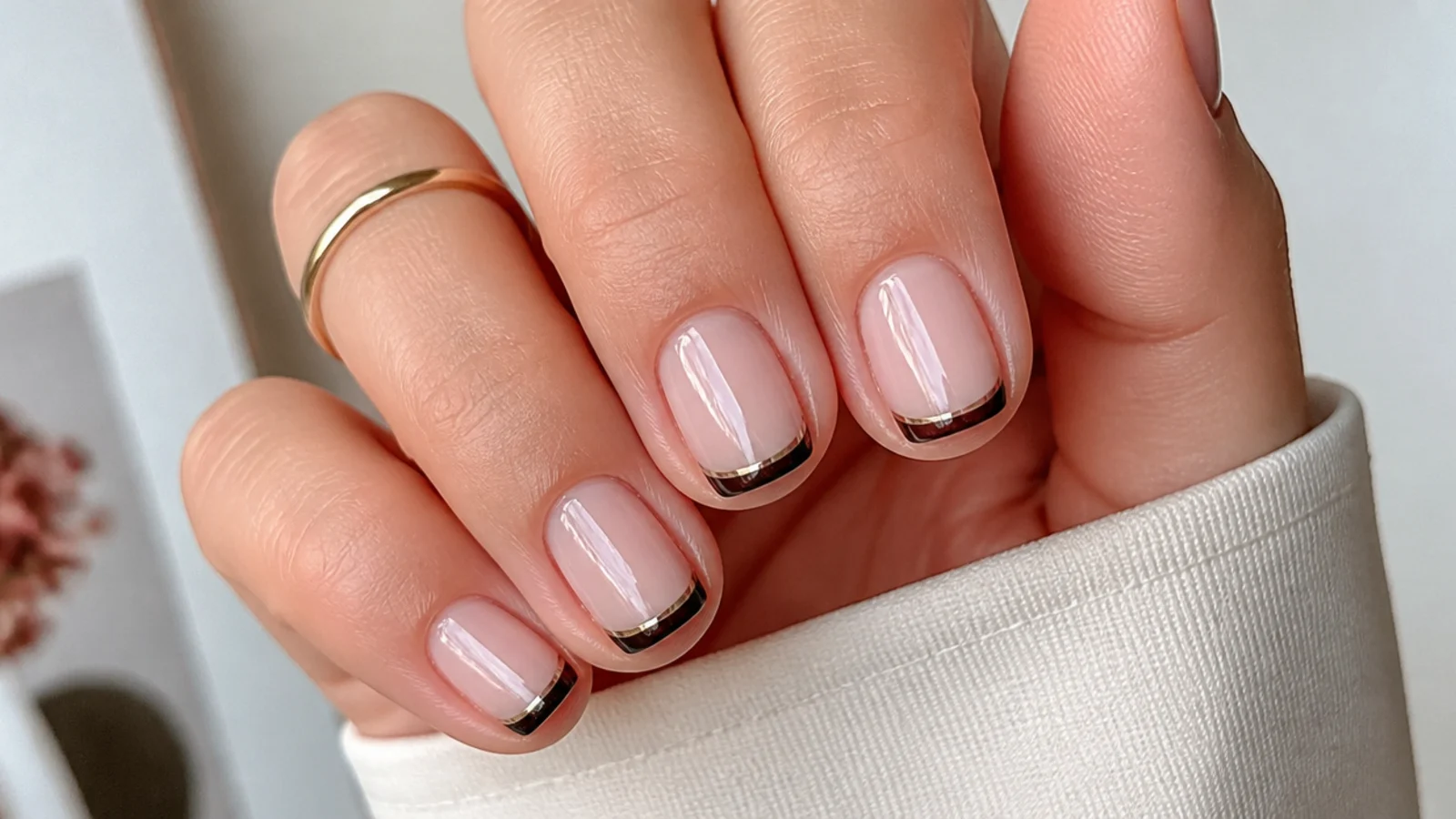 Short nails with a very thin black cat eye french tip and light stripe