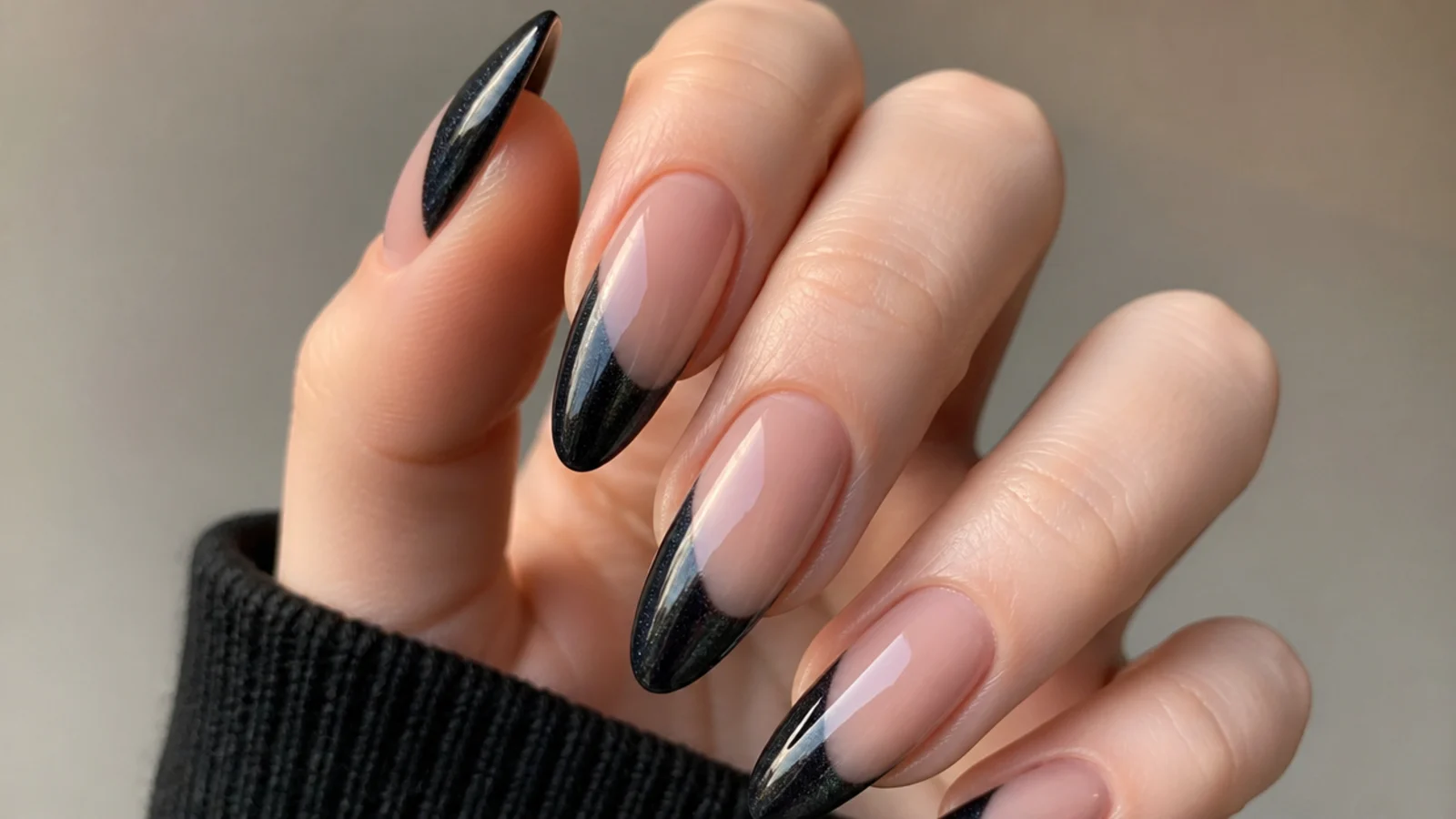 Long almond black cat eye french tip nails with a straight light stripe