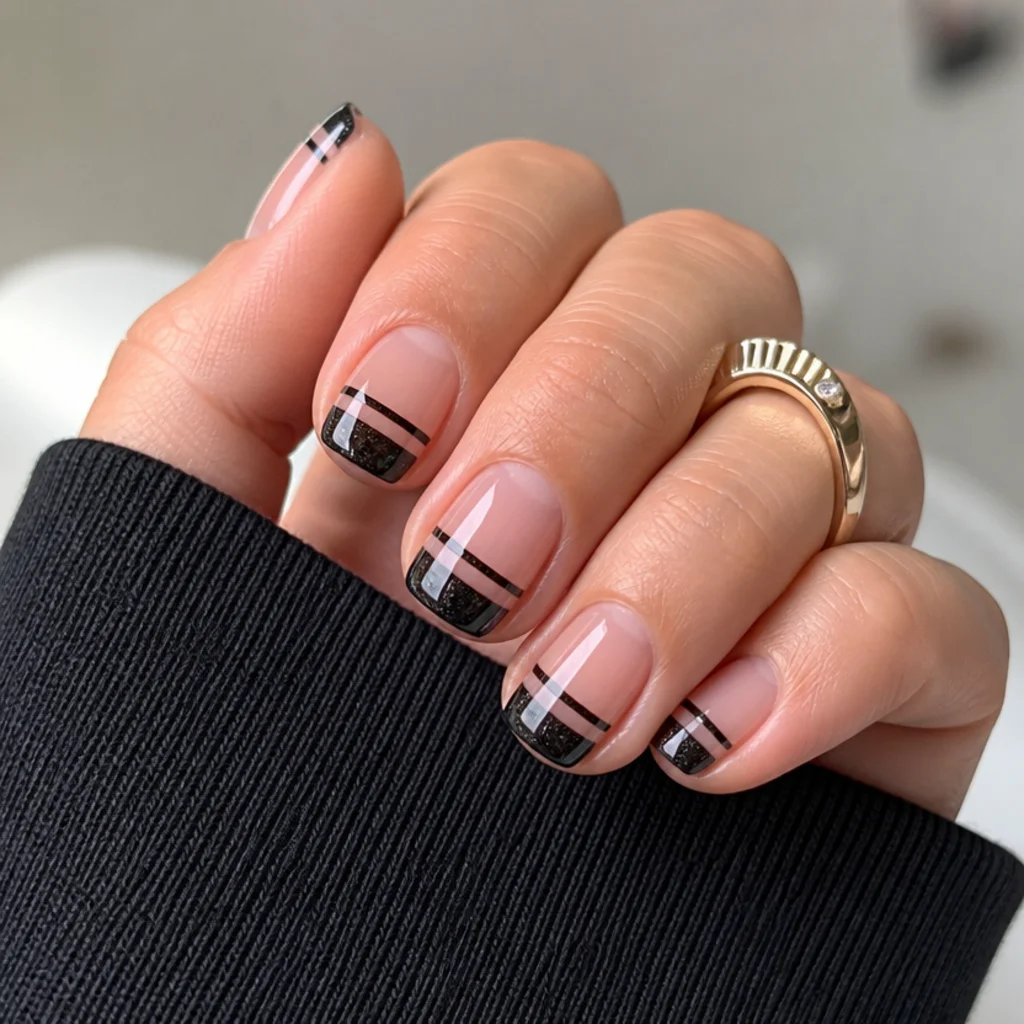 Short square black cat eye french tip nails with a bold straight stripe