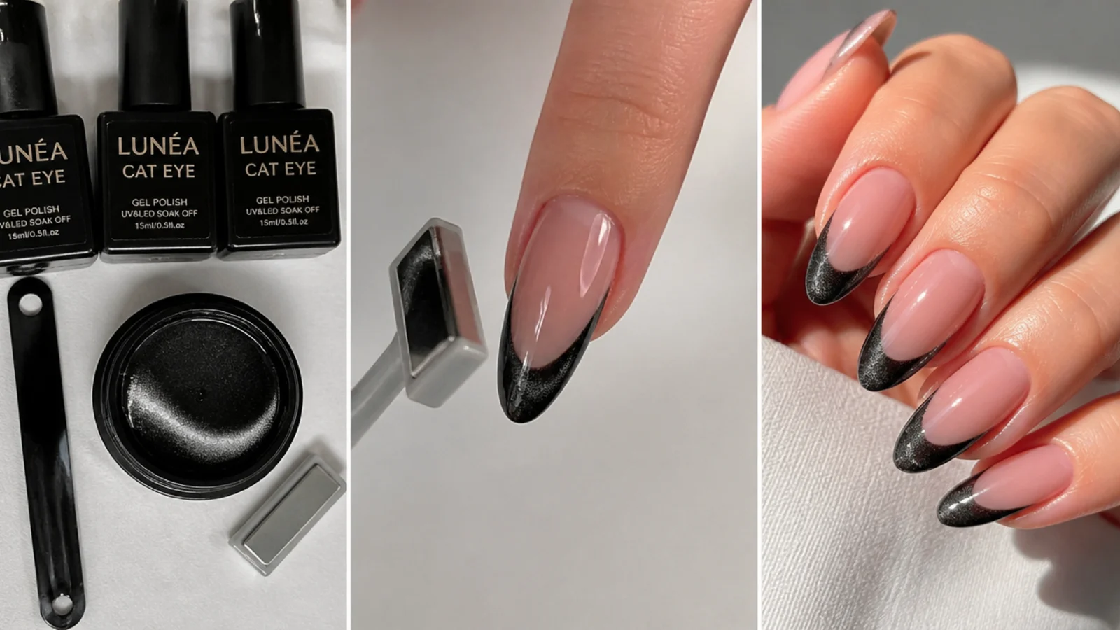 Black cat eye french tip supplies with a magnet and a nail mid-stripe at home
