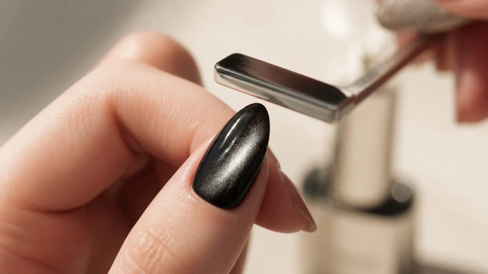 A magnet hovering over a wet black cat eye tip pulling a stripe of light