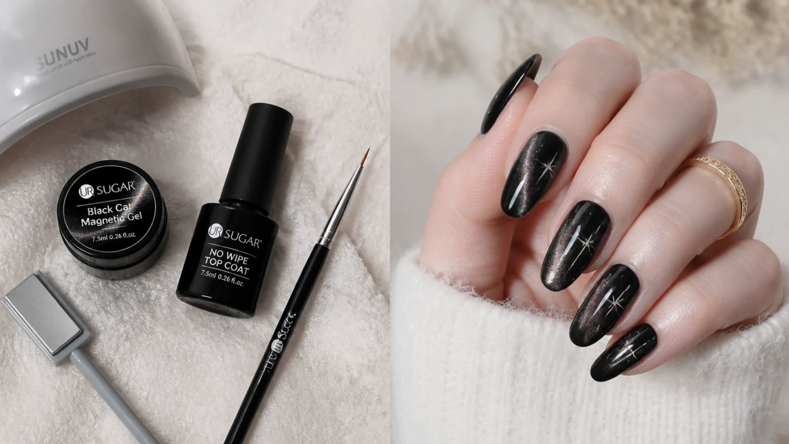 Flat lay of black cat eye gel, a magnet, lamp, liner brush and top coat