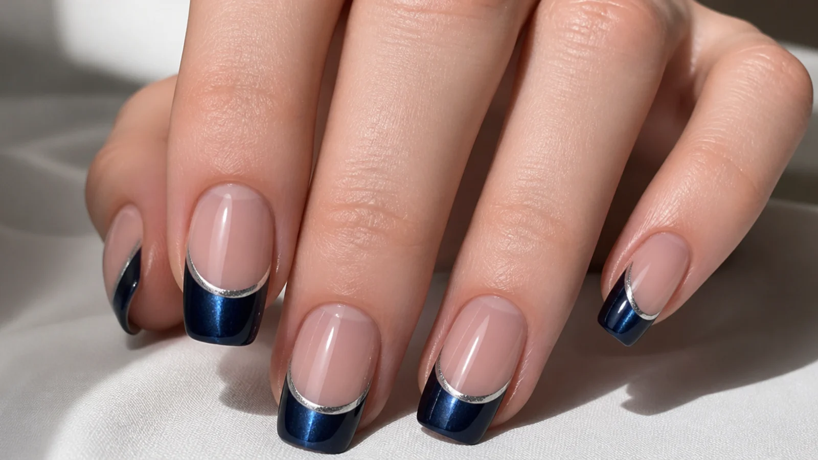 Deep navy cat eye french tip nails with a sharp silver light stripe