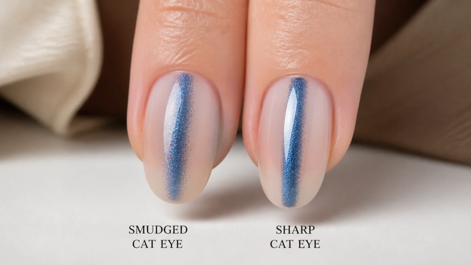 A smudged uneven blue stripe next to a clean sharp cat eye stripe for comparison