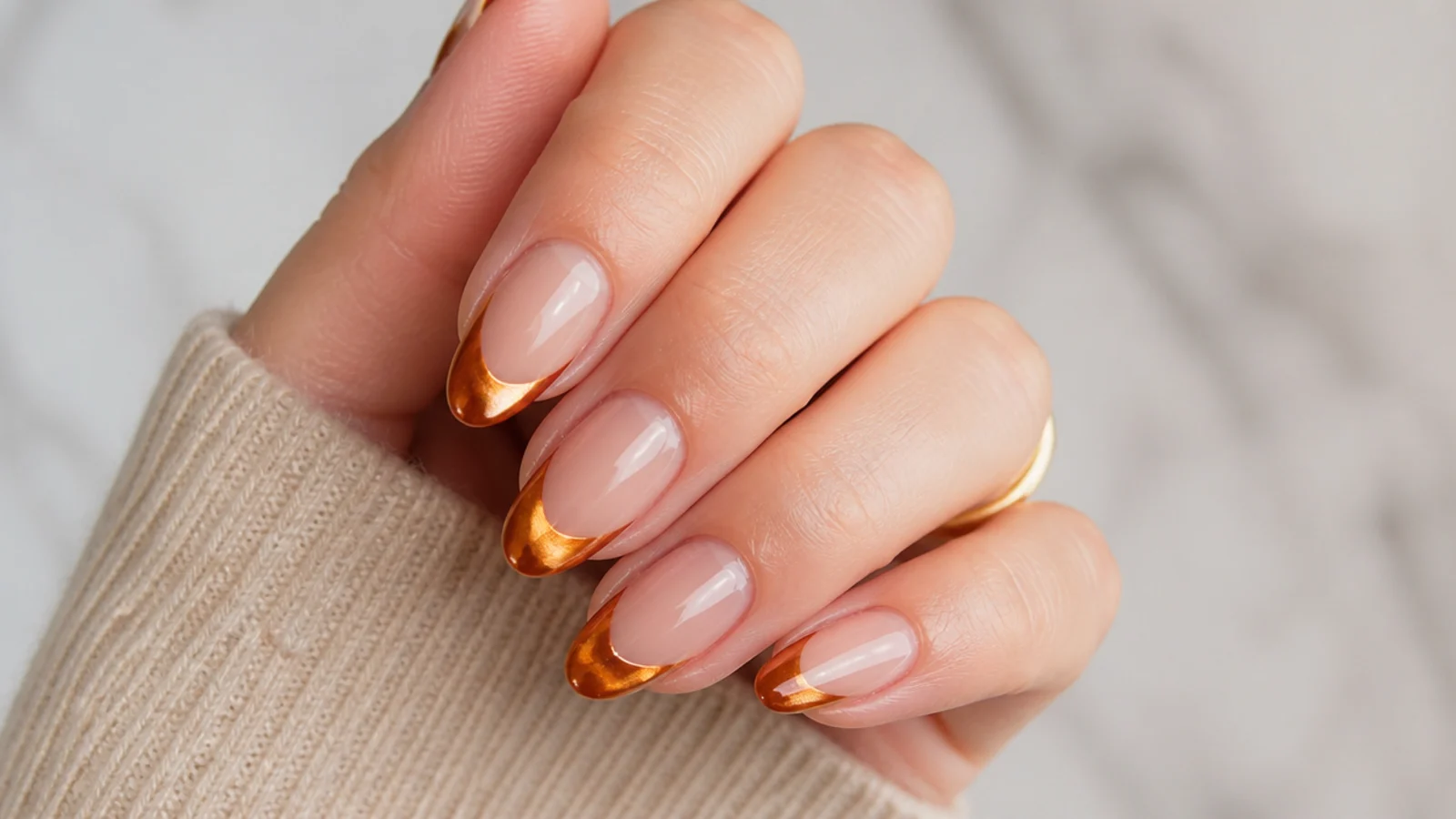 Warm caramel cat eye french tip nails with a golden light stripe