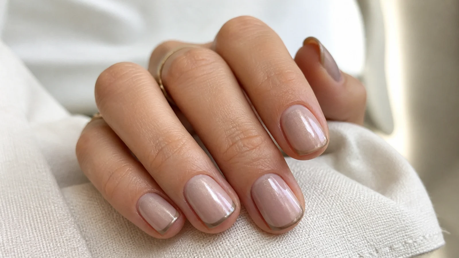 Thin taupe cat eye micro french tip on short natural nails