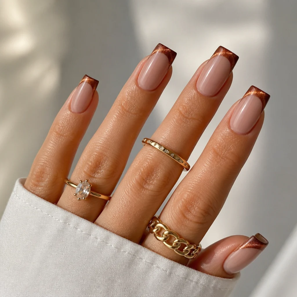 Reddish chestnut brown cat eye french tip on square nails