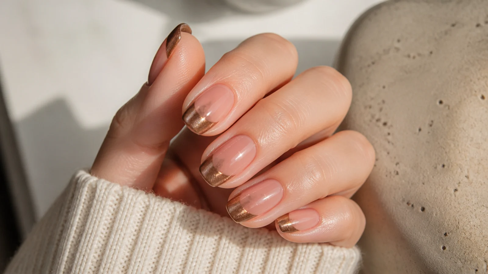 Metallic bronze cat eye french tip nails with a warm glow