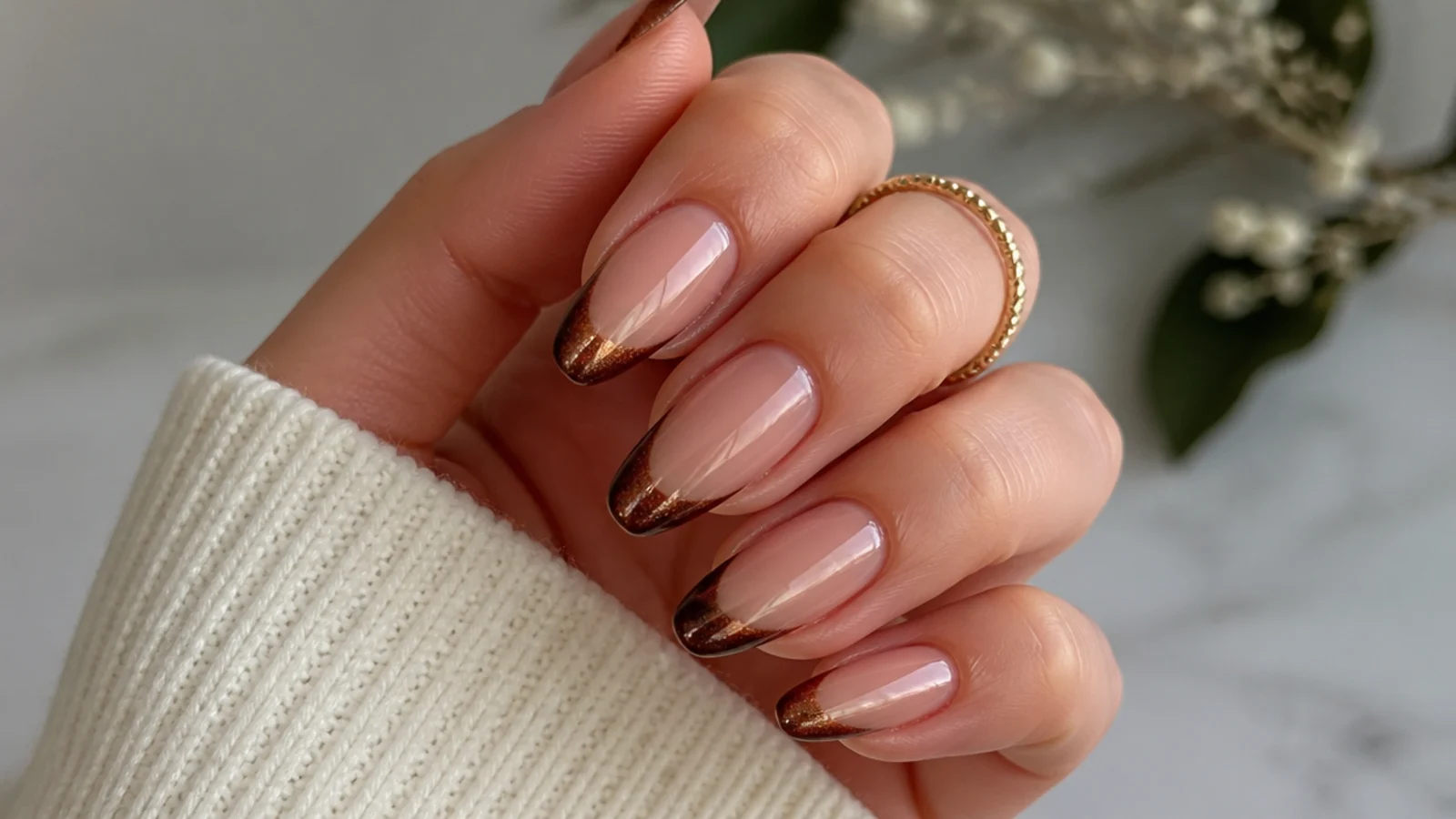 Cocoa brown chrome cat eye french tip nails with mirror shine