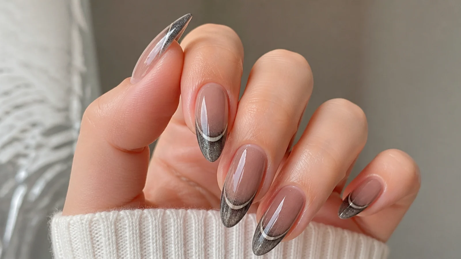 Smoky gray-brown taupe chrome cat eye french tips