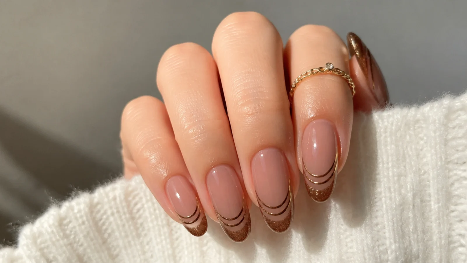 Walnut brown double line cat eye french tip nails