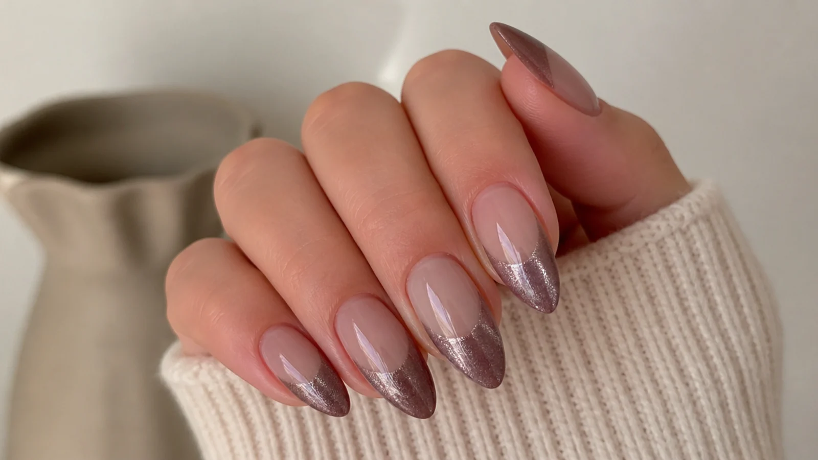 Dusty rose-brown mauve cat eye french tip nails