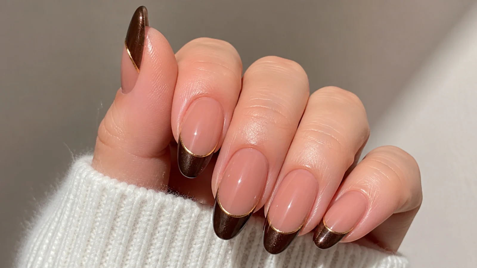Brown cat eye french tip nails outlined with a thin gold line