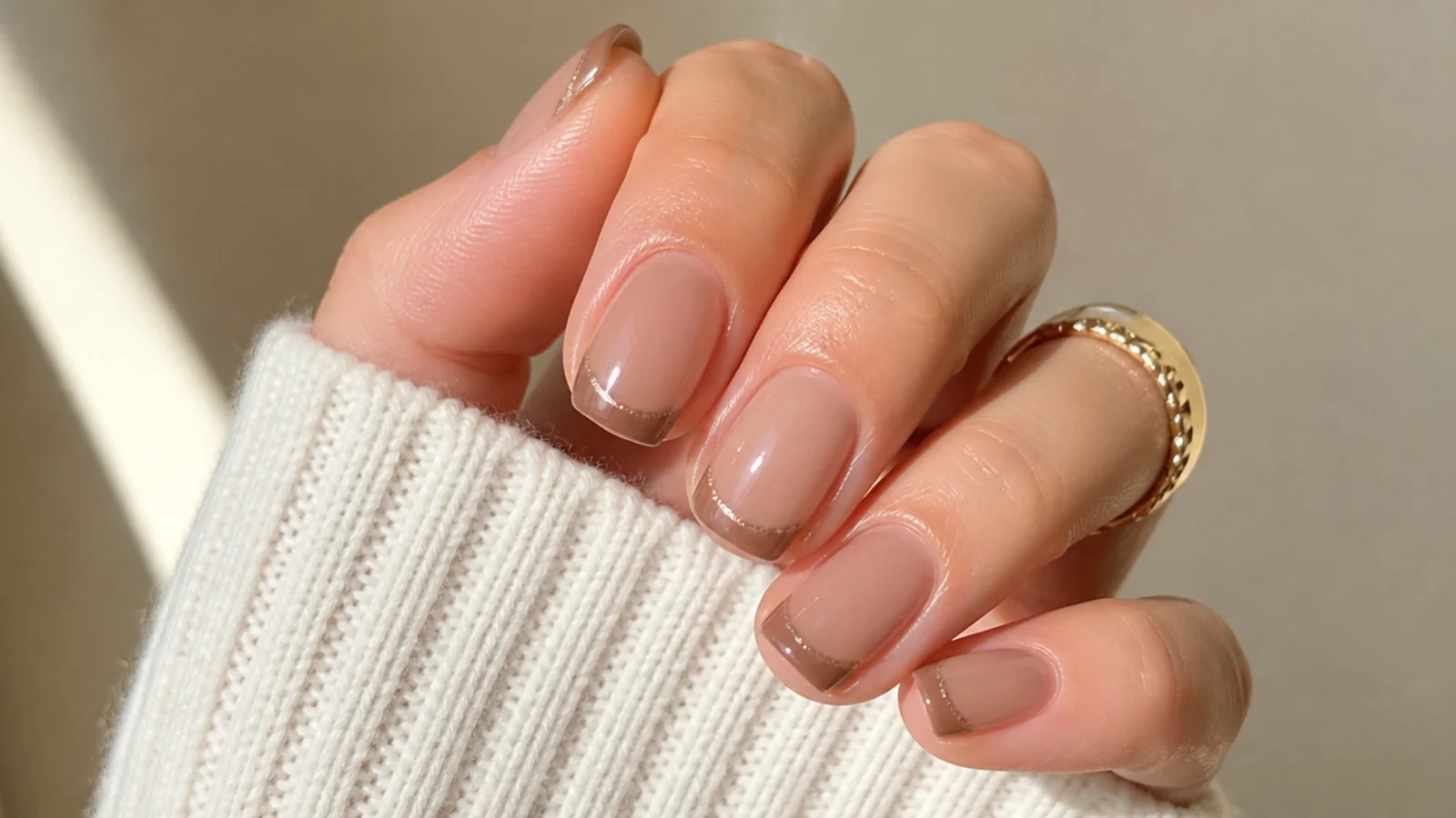 Sheer soft brown baby cat eye french tips on short nails