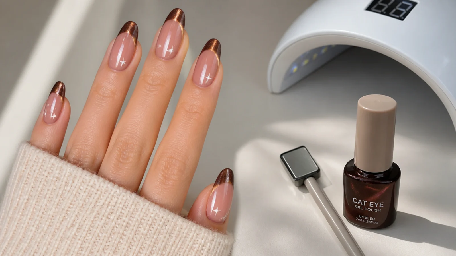 Brown magnetic gel, a magnet and a lamp laid out for a DIY cat eye french tip