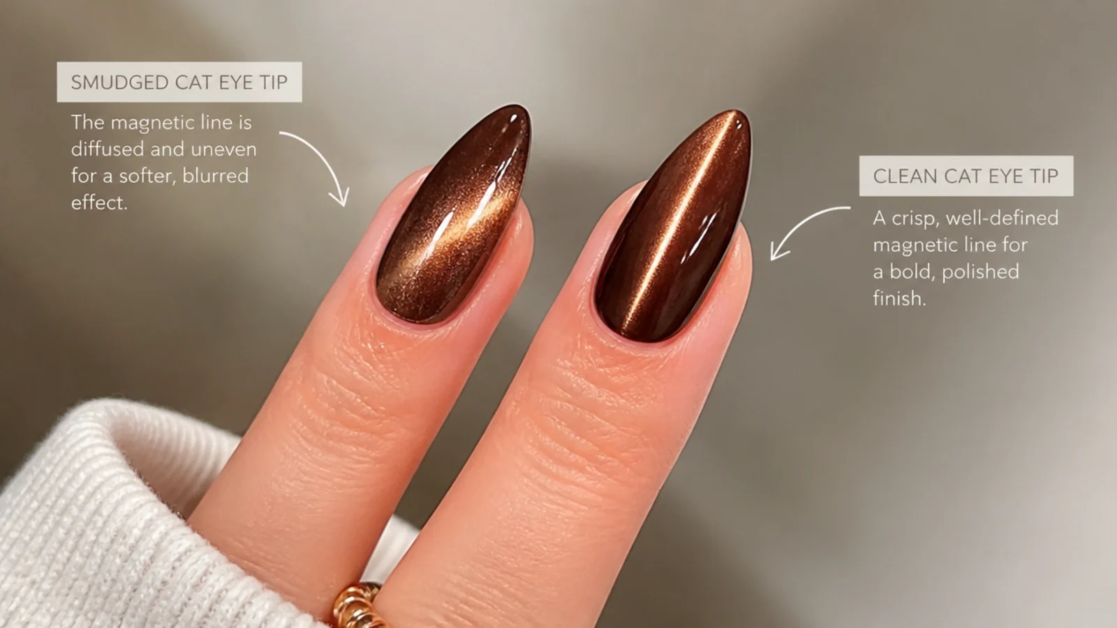 A smudged cat eye tip beside a clean bright brown cat eye tip for comparison