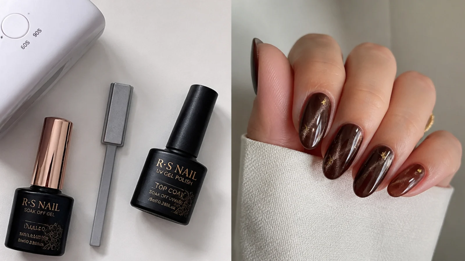 Flat lay of brown cat eye magnetic gel, a magnet, lamp and top coat
