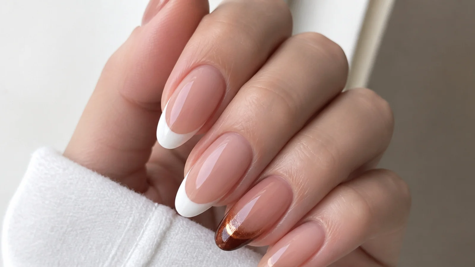 A glowing brown cat eye tip beside a flat white classic french tip