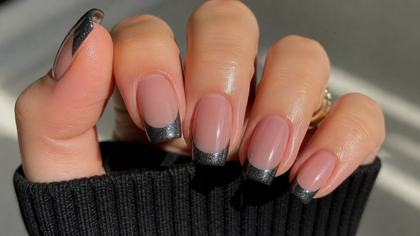Sheer nails with a glossy onyx black magnetic cat eye french tip
