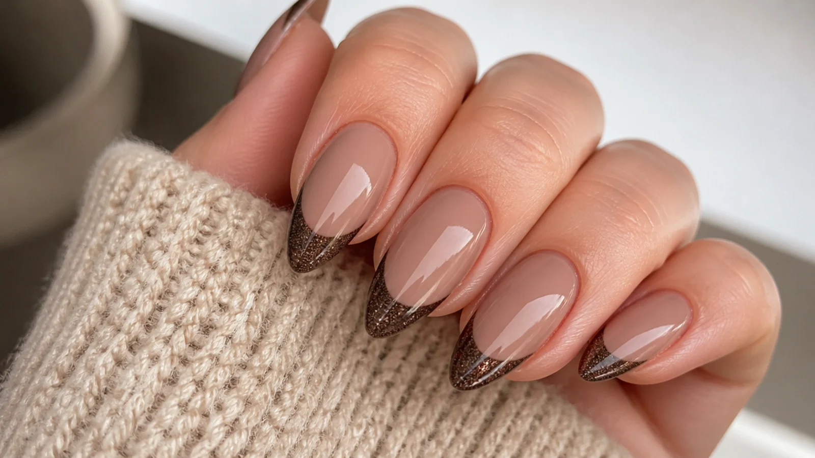 Warm nude nails with a mocha brown magnetic cat eye french tip