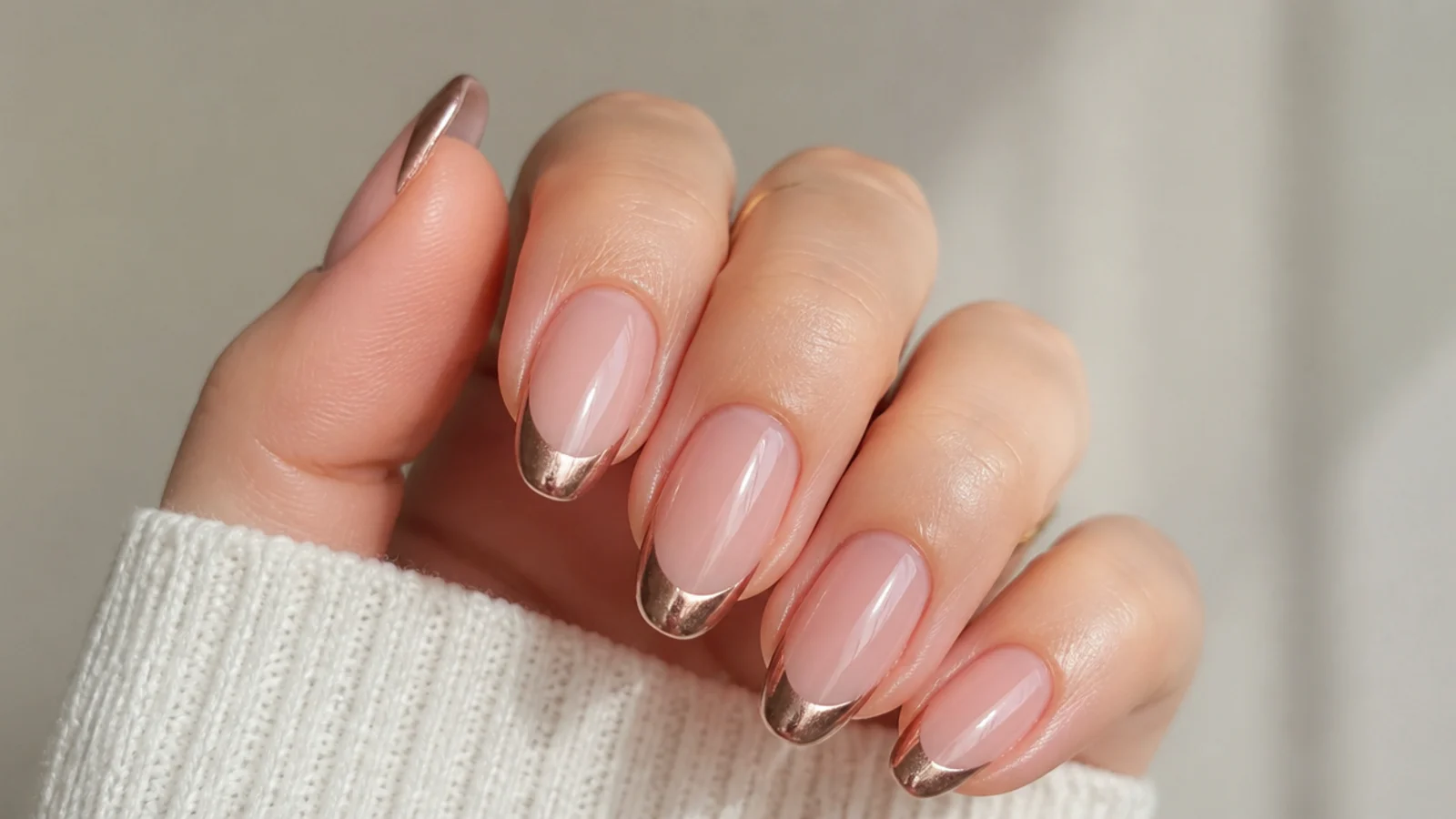 Nude nails with a reflective chrome magnetic cat eye french tip