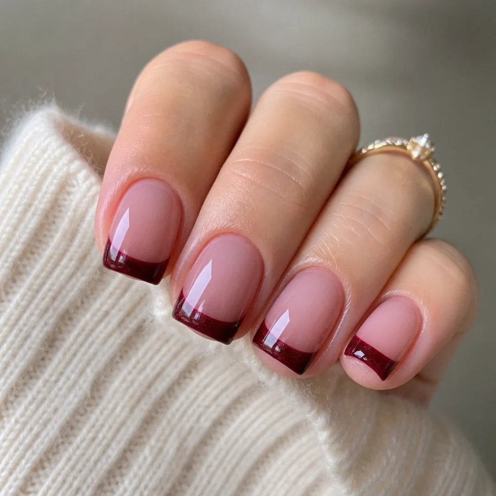 Short square nails with a deep burgundy magnetic cat eye french tip
