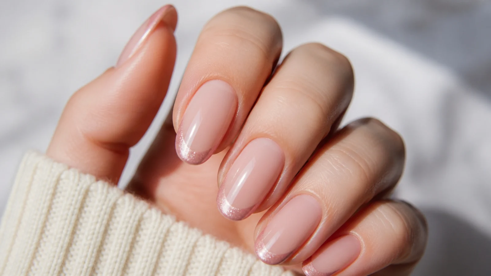 Sheer nails with a thin rose pink magnetic cat eye micro french tip