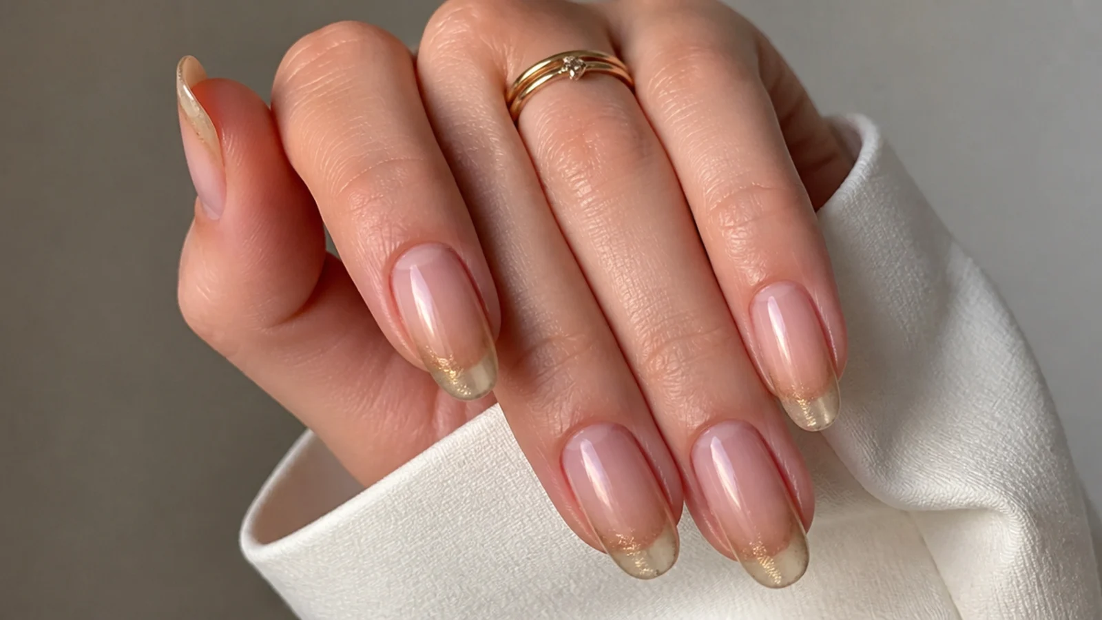 Nude nails with a soft champagne gold magnetic cat eye french tip