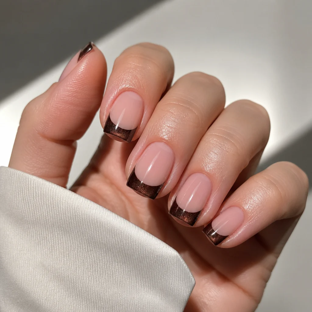 Short square nails with a dark espresso brown magnetic cat eye french tip