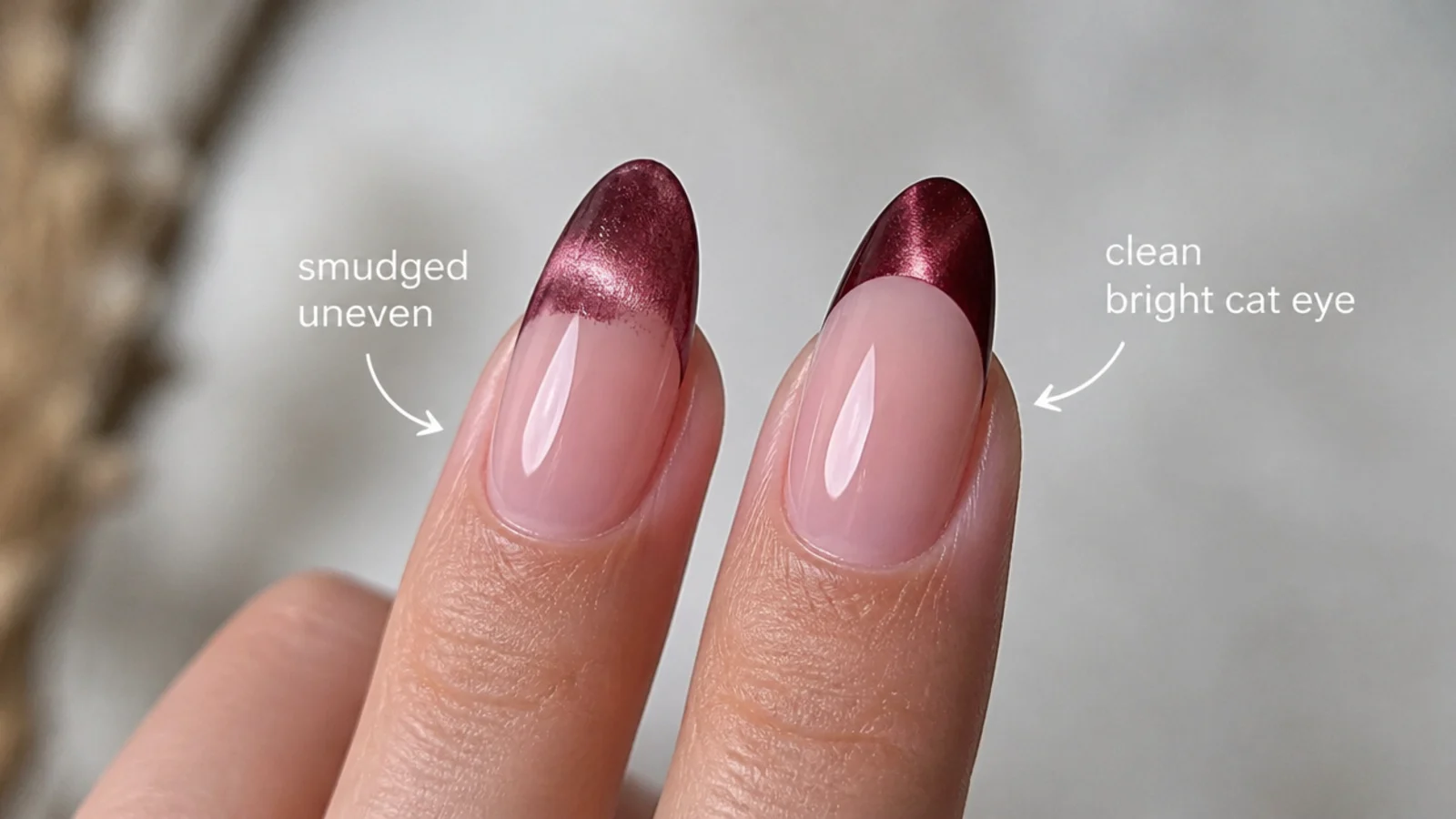 A smudged uneven cat eye tip next to a clean bright cat eye tip for comparison
