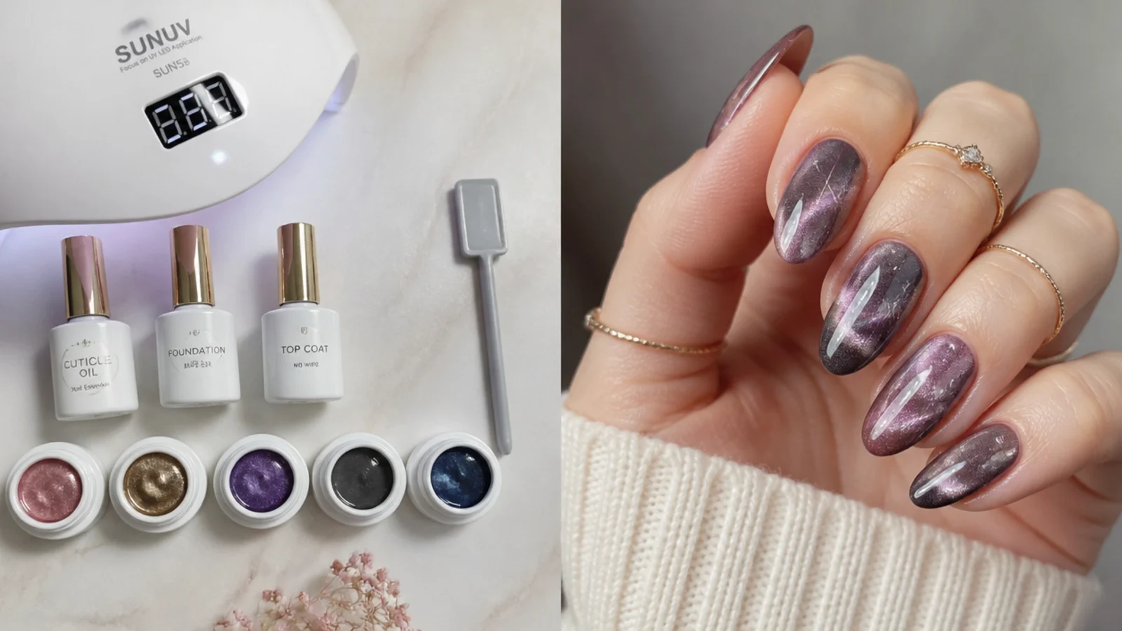 Flat lay of magnetic cat eye gels, a magnet, an LED lamp, base and top coat