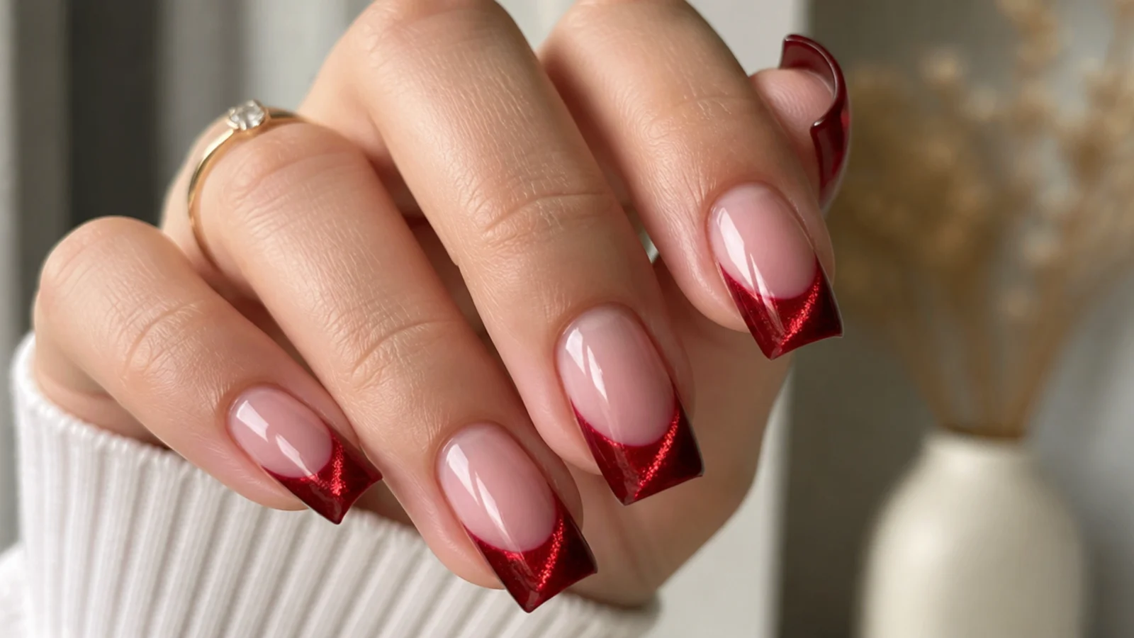 Square nails with a nude base and a glowing ruby red magnetic cat eye tip